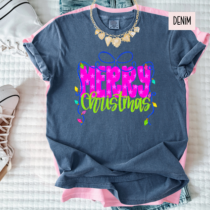 Merry Bow Christmas Tee | Colorful Girly Holiday Shirt | Bright Festive Bow Christmas Top