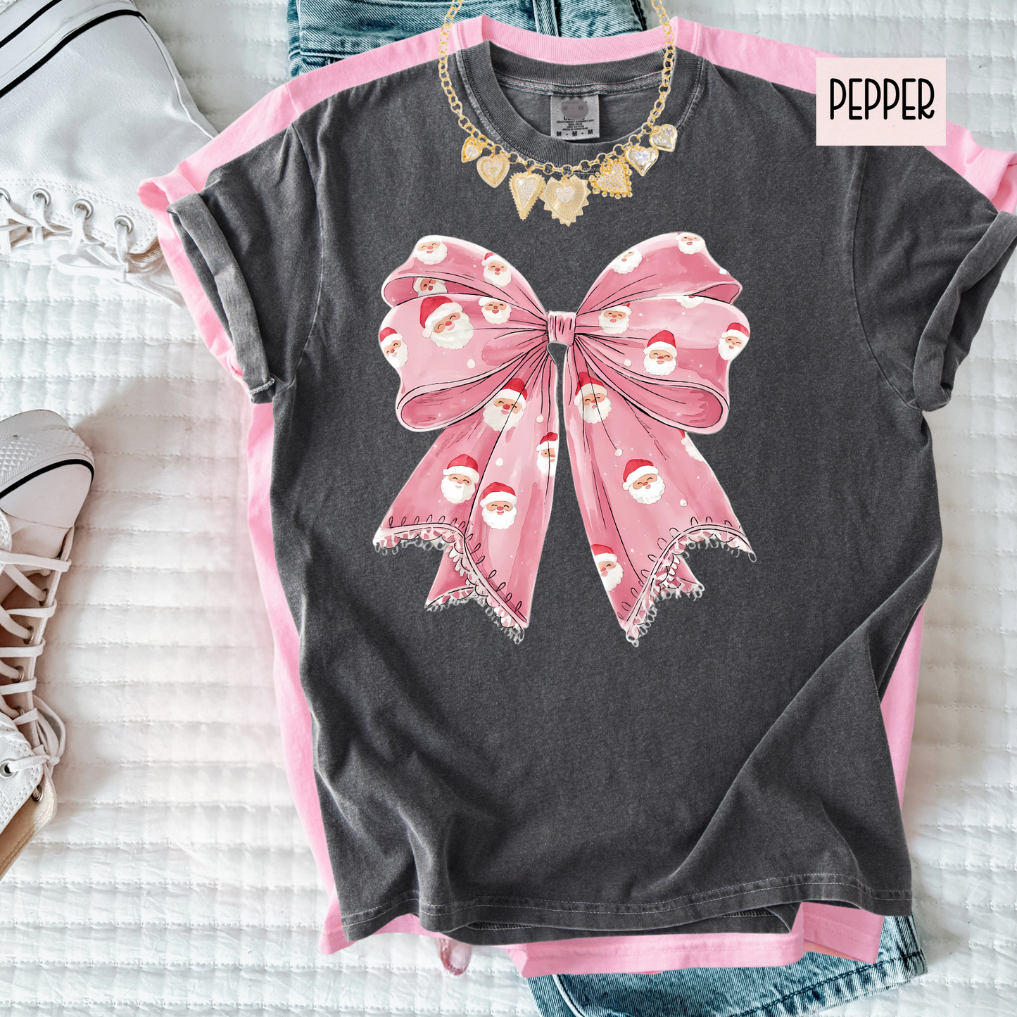 Sweet Holiday Bow Christmas Tee | Girly Festive Ribbon Shirt | Cute Doodle Santa Bow Top for Women