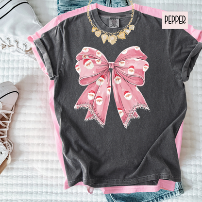 Sweet Holiday Bow Christmas Tee | Girly Festive Ribbon Shirt | Cute Doodle Santa Bow Top for Women