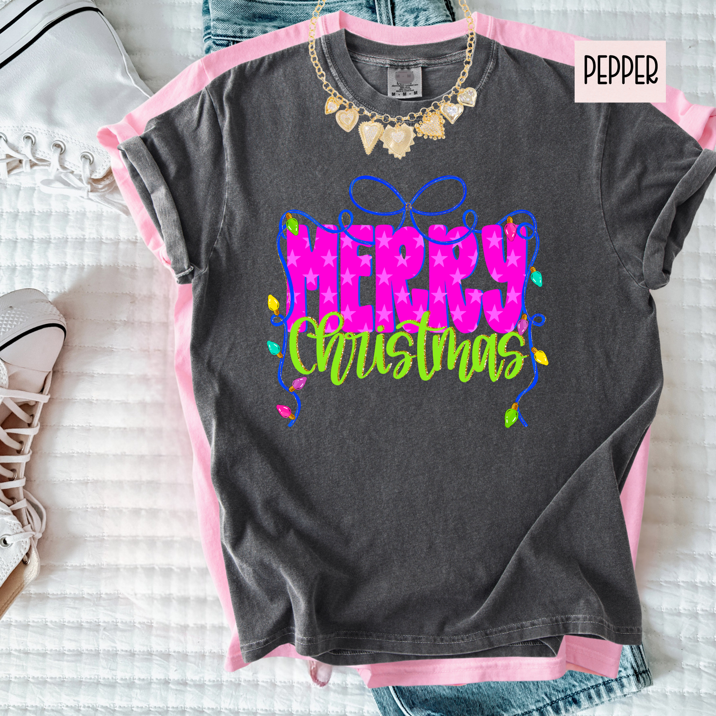 Merry Bow Christmas Tee | Colorful Girly Holiday Shirt | Bright Festive Bow Christmas Top