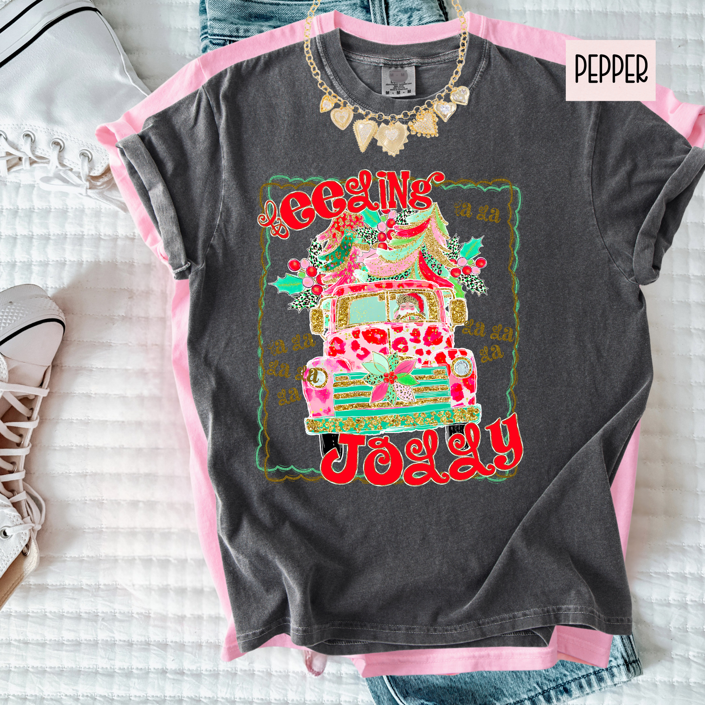 Feeling Jolly Christmas Tee | Cute Girly Holiday Shirt | Bright Retro Santa Christmas Top