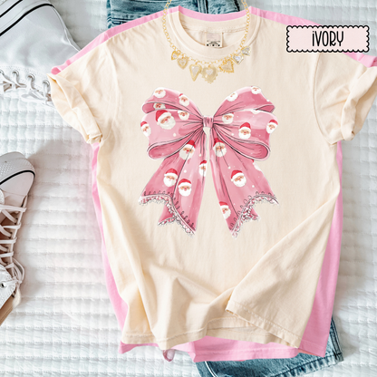 Sweet Holiday Bow Christmas Tee | Girly Festive Ribbon Shirt | Cute Doodle Santa Bow Top for Women