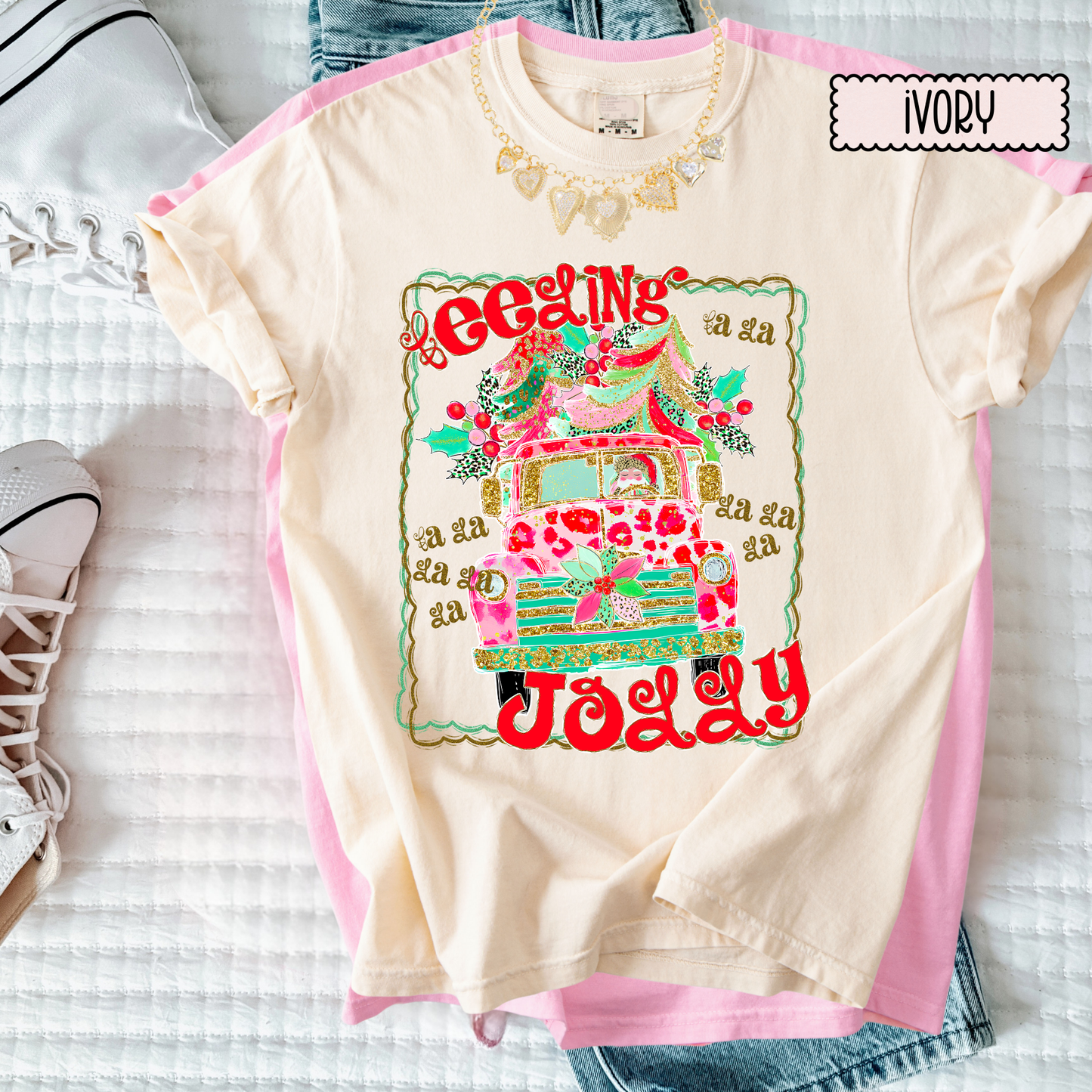 Feeling Jolly Christmas Tee | Cute Girly Holiday Shirt | Bright Retro Santa Christmas Top