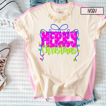 Merry Bow Christmas Tee | Colorful Girly Holiday Shirt | Bright Festive Bow Christmas Top