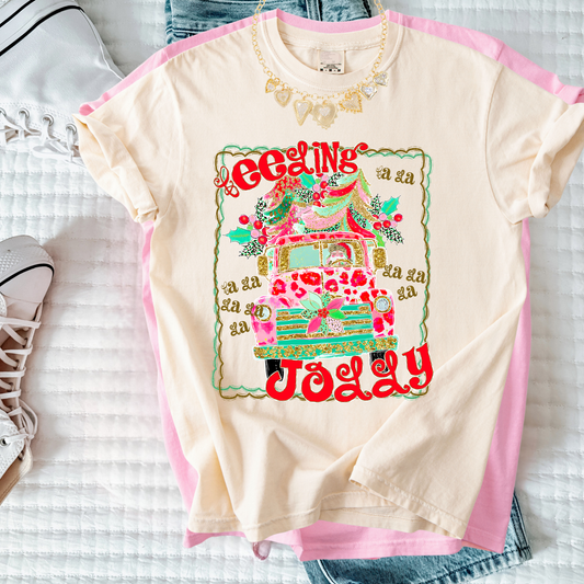 Feeling Jolly Christmas Tee | Cute Girly Holiday Shirt | Bright Retro Santa Christmas Top