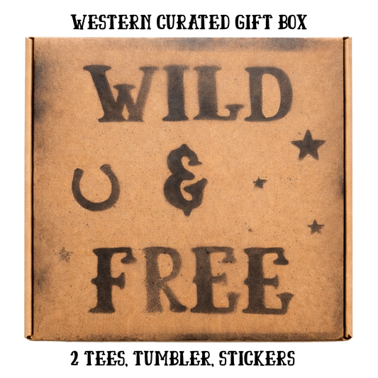 Western-themed gift box with 'Wild & Free' text and branding details.