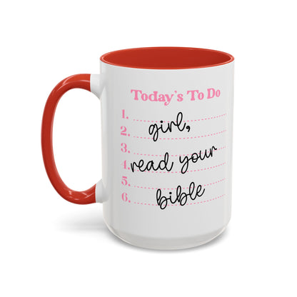 White mug with red interior and handle, featuring text on a white background