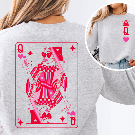Queen of Hearts Valentine sweatshirt featuring a bold red playing card graphic on a cozy crewneck, styled in ash gray for women