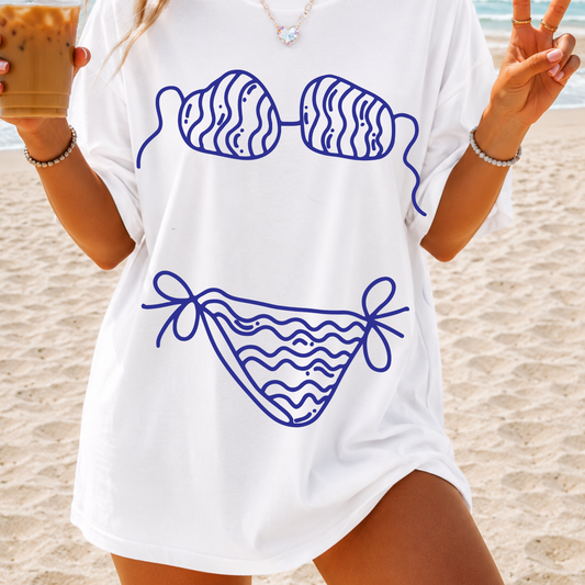 Bikini Outline Graphic Tee | Coastal Beach Shirt for Women | Summer Vacation T-Shirt