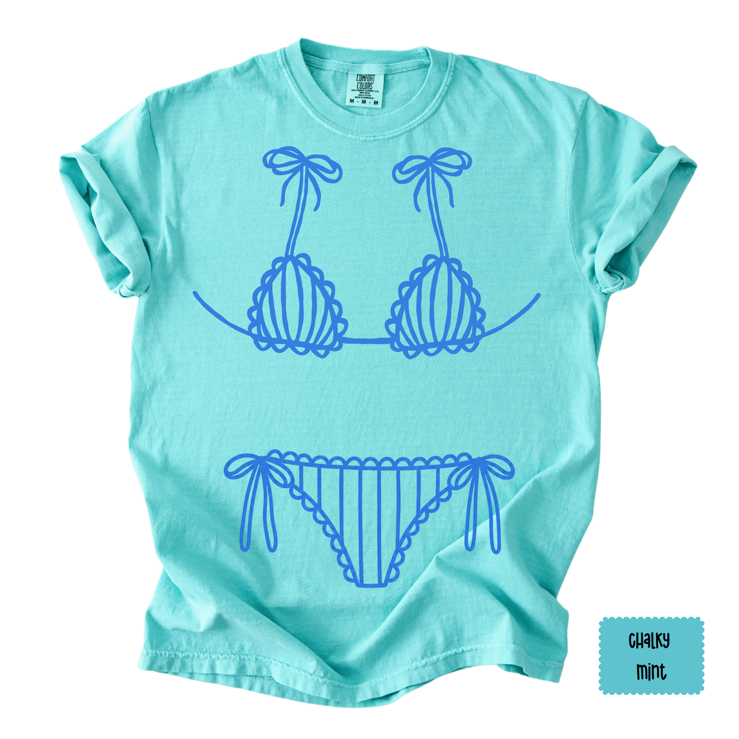 Blue Bikini Line Art Tee | Beach Graphic Shirt for Women | Coastal Summer T-Shirt