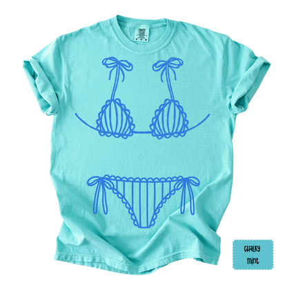 Blue Bikini Line Art Tee | Beach Graphic Shirt for Women | Coastal Summer T-Shirt