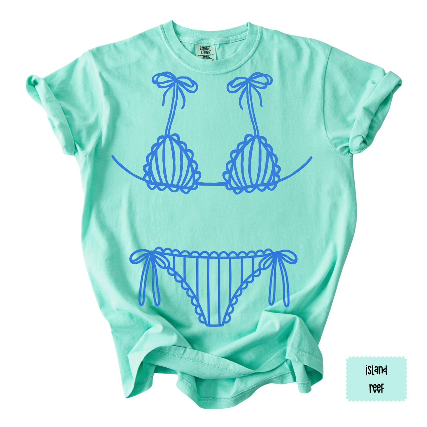 Blue Bikini Line Art Tee | Beach Graphic Shirt for Women | Coastal Summer T-Shirt