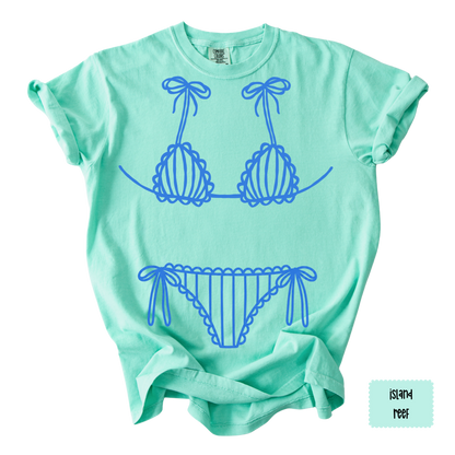 Blue Bikini Line Art Tee | Beach Graphic Shirt for Women | Coastal Summer T-Shirt
