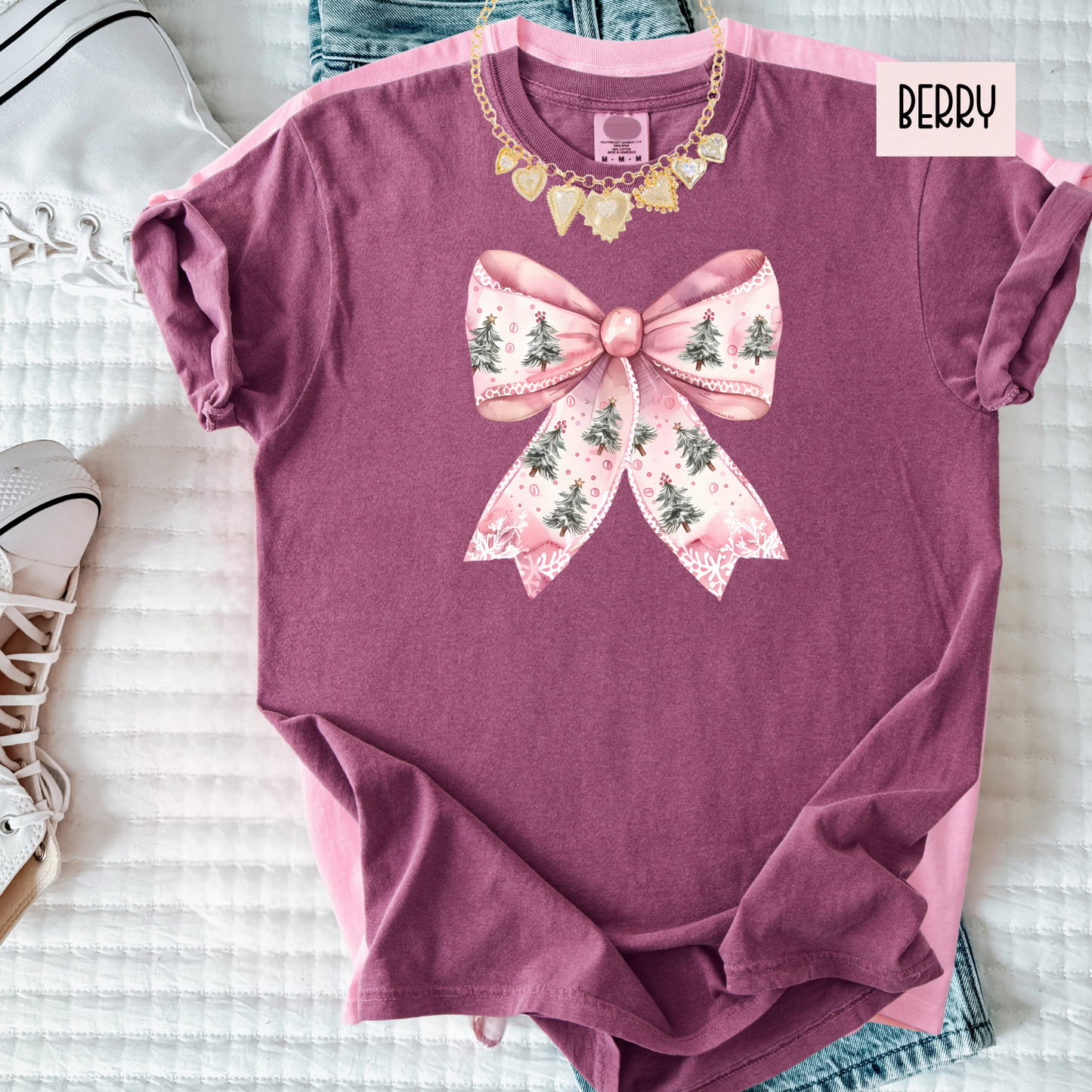 Pink Christmas Bow Shirt – Girly Holiday Comfort Colors Tee