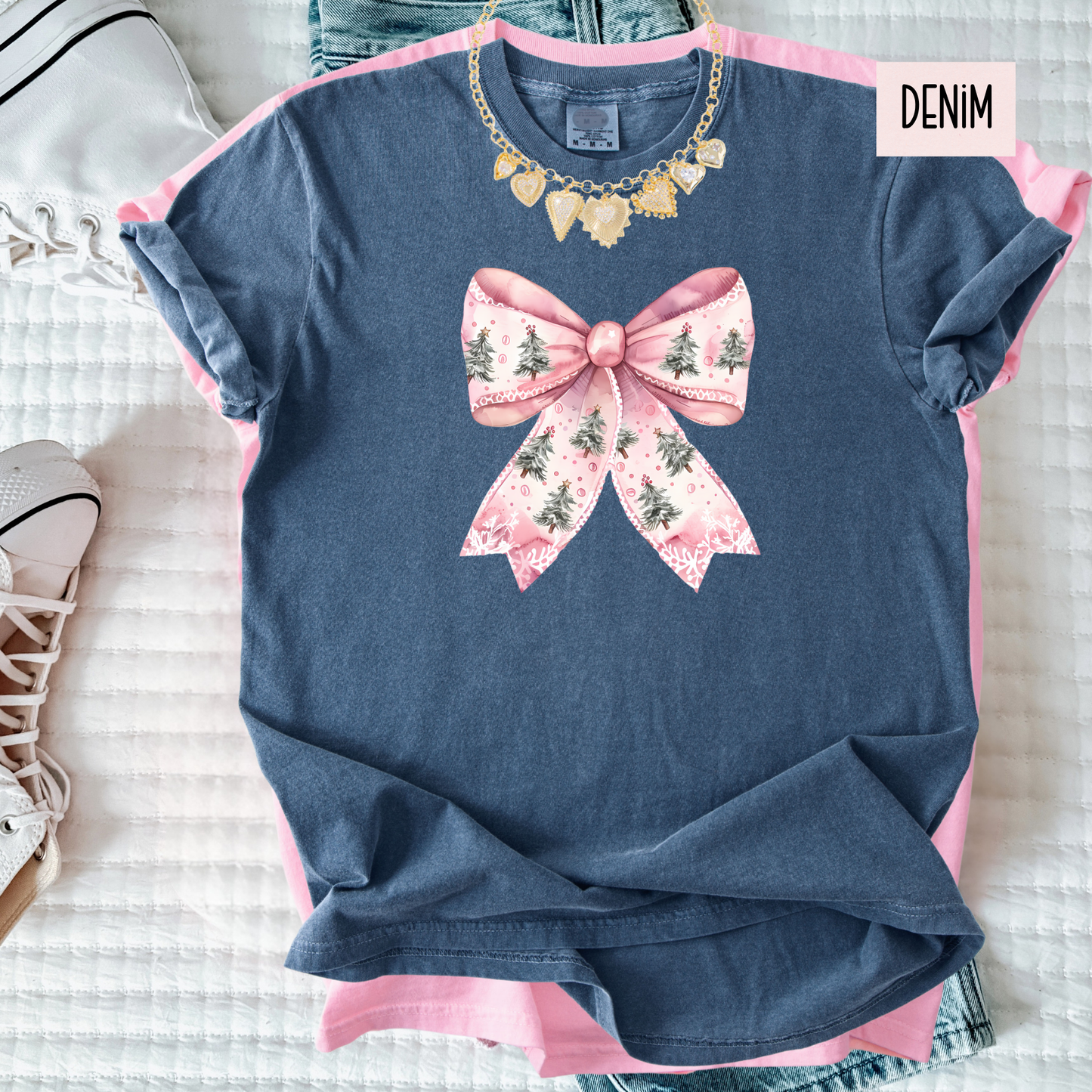 Pink Christmas Bow Shirt – Girly Holiday Comfort Colors Tee