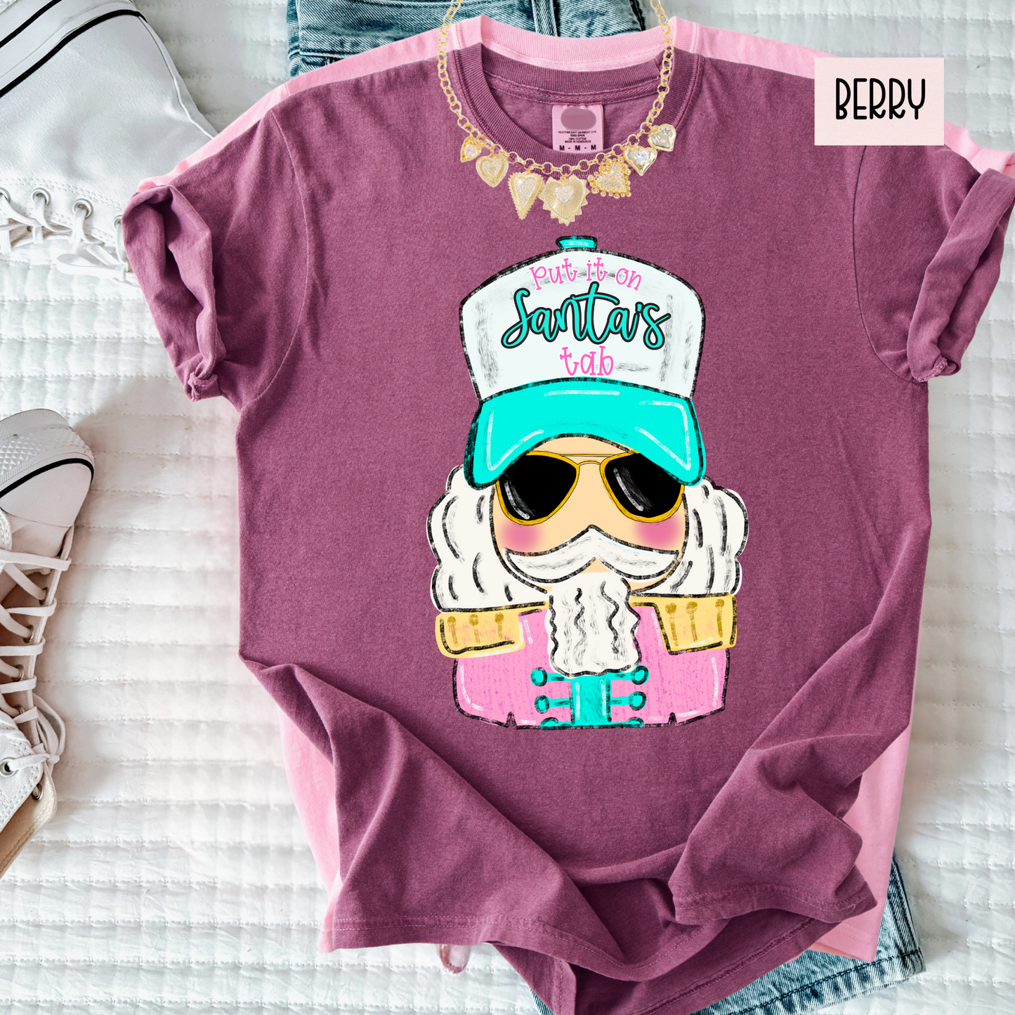 Peppy Santa’s Tab Christmas Tee – Cute Cool Santa Girl Holiday Shirt – Trendy Comfort Colors Christmas Top