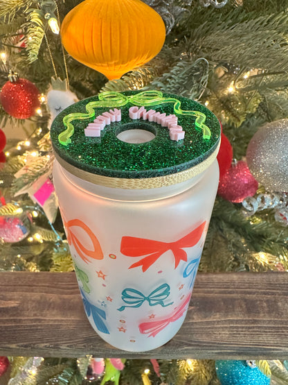 Colorful Christmas Bows Cup | Frosted 16oz Glass Can | Women’s Holiday Cup
