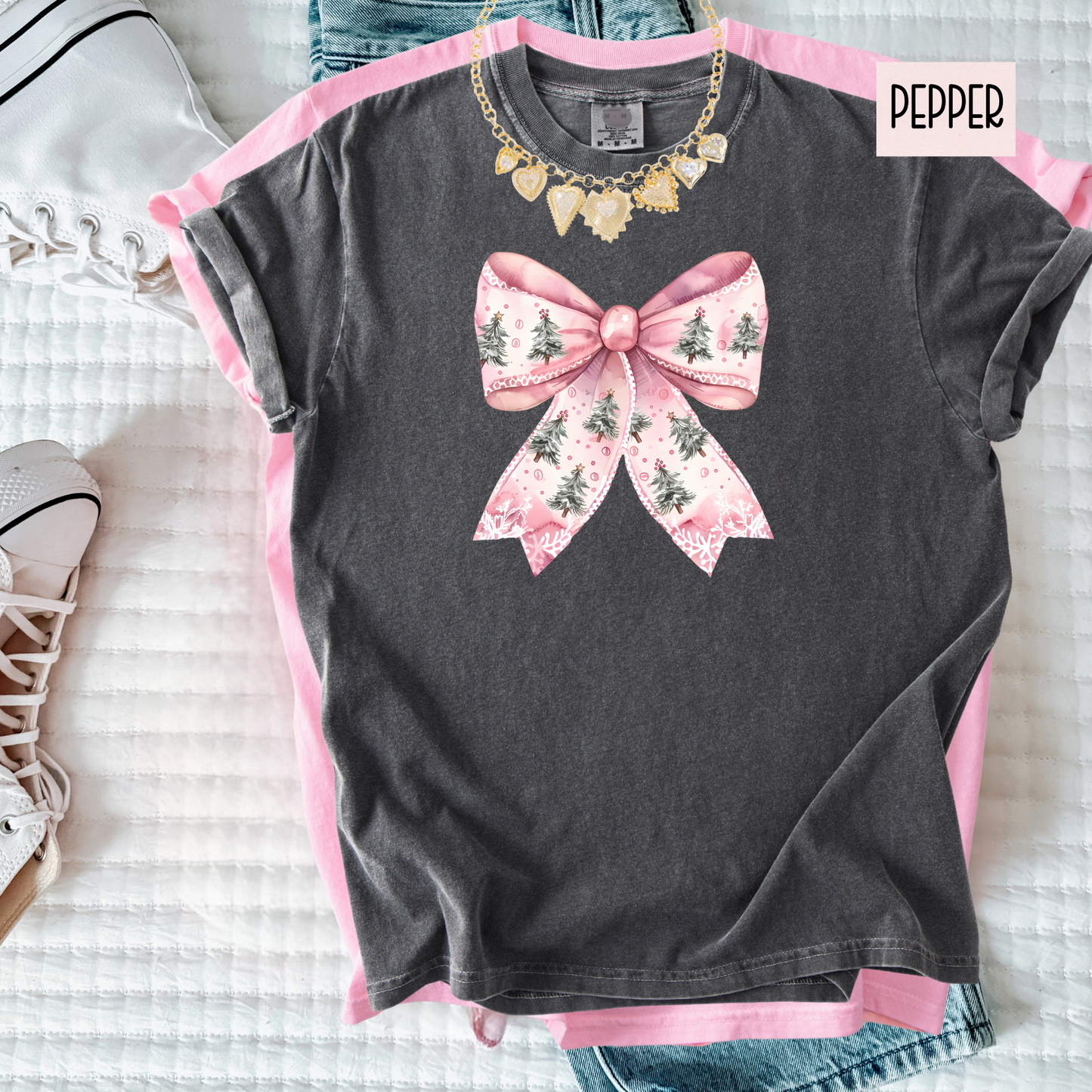 Pink Christmas Bow Shirt – Girly Holiday Comfort Colors Tee