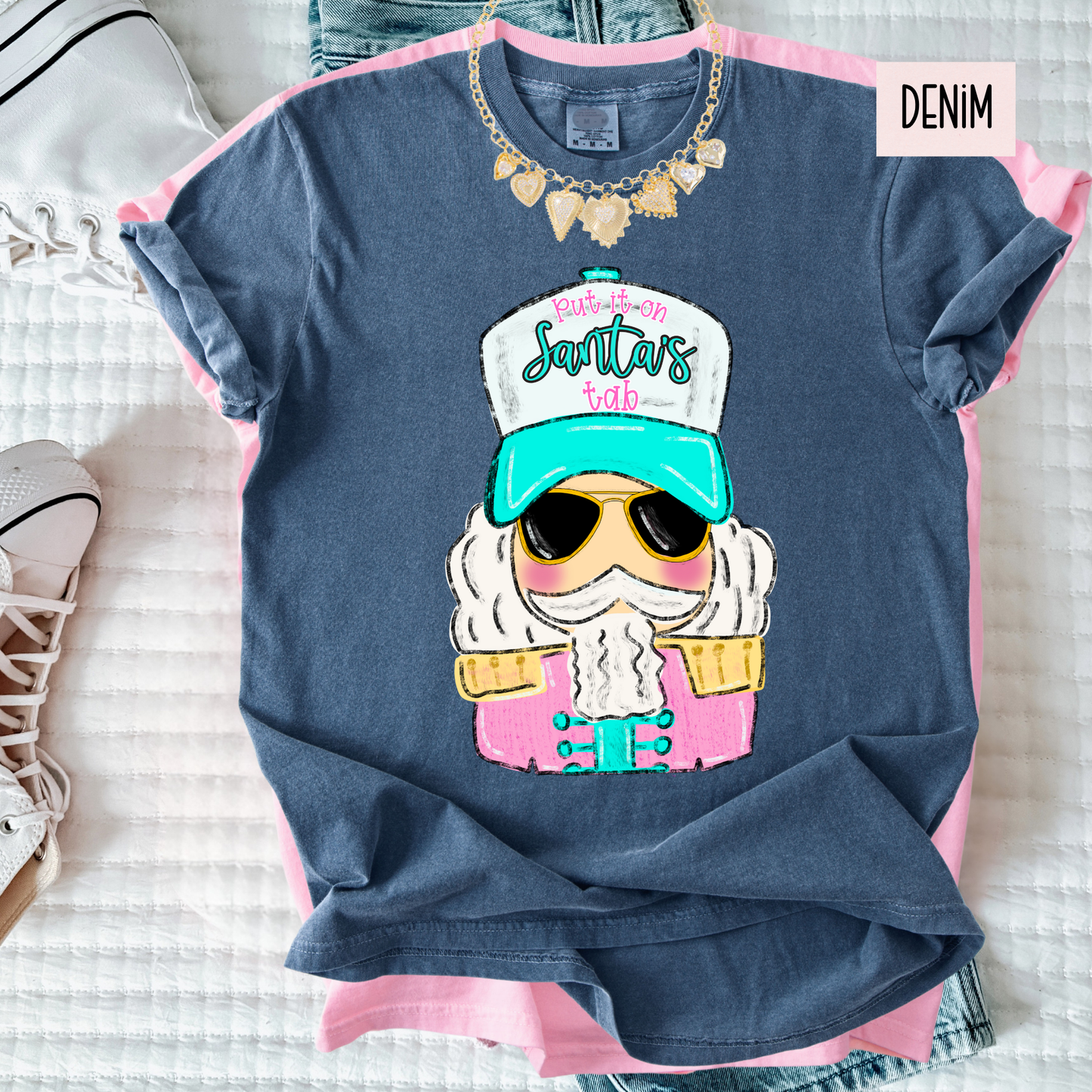 Peppy Santa’s Tab Christmas Tee – Cute Cool Santa Girl Holiday Shirt – Trendy Comfort Colors Christmas Top