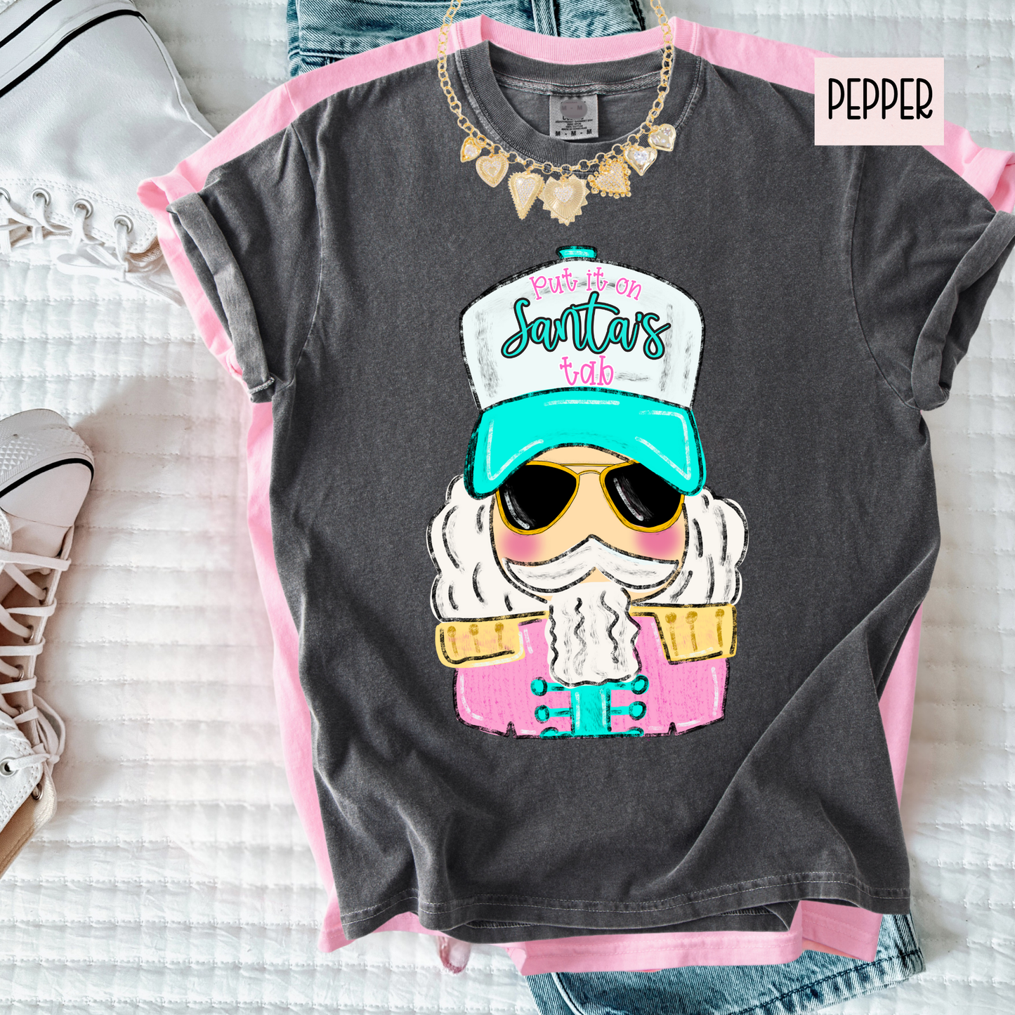 Peppy Santa’s Tab Christmas Tee – Cute Cool Santa Girl Holiday Shirt – Trendy Comfort Colors Christmas Top