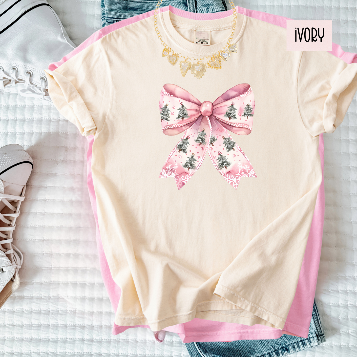 Pink Christmas Bow Shirt – Girly Holiday Comfort Colors Tee