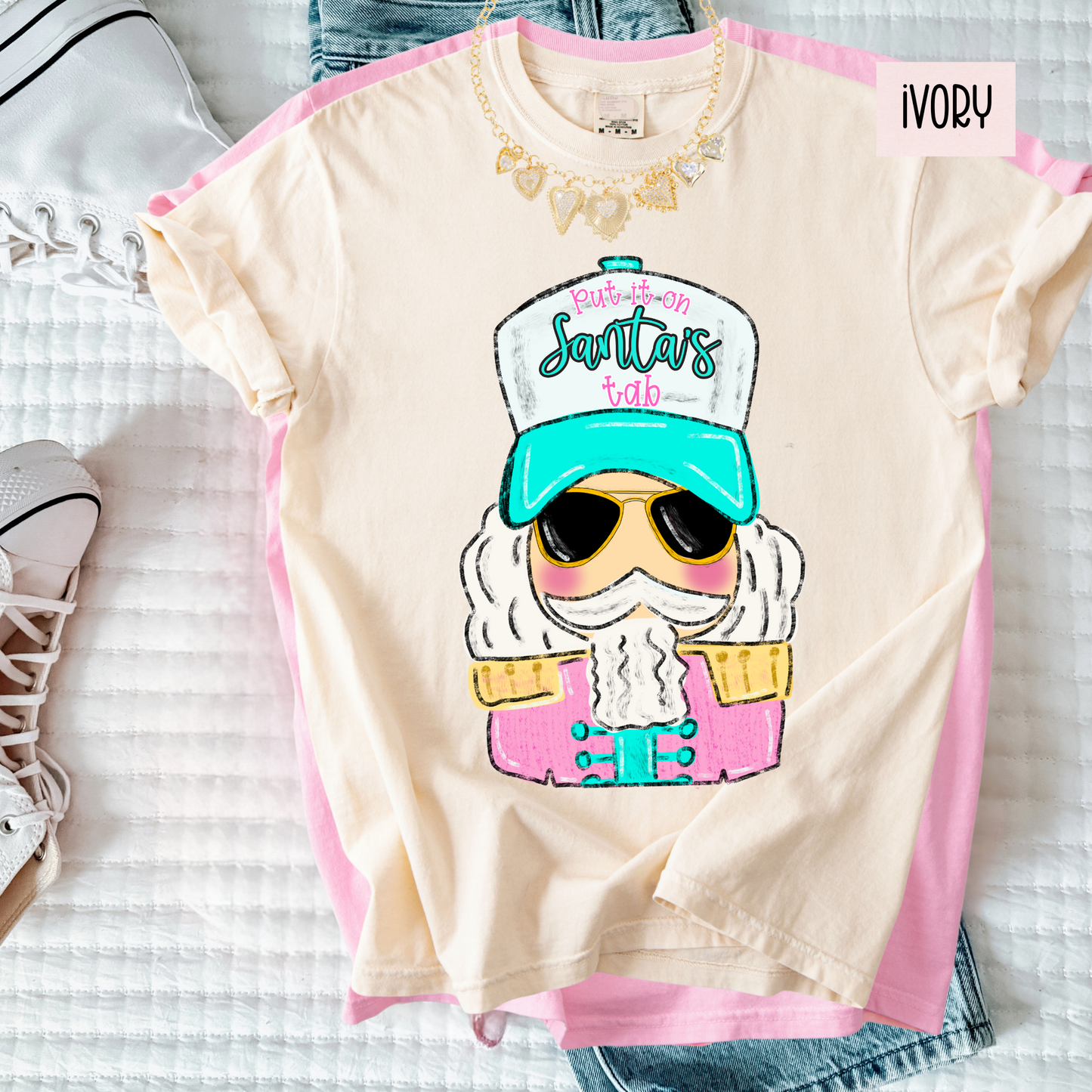 Peppy Santa’s Tab Christmas Tee – Cute Cool Santa Girl Holiday Shirt – Trendy Comfort Colors Christmas Top