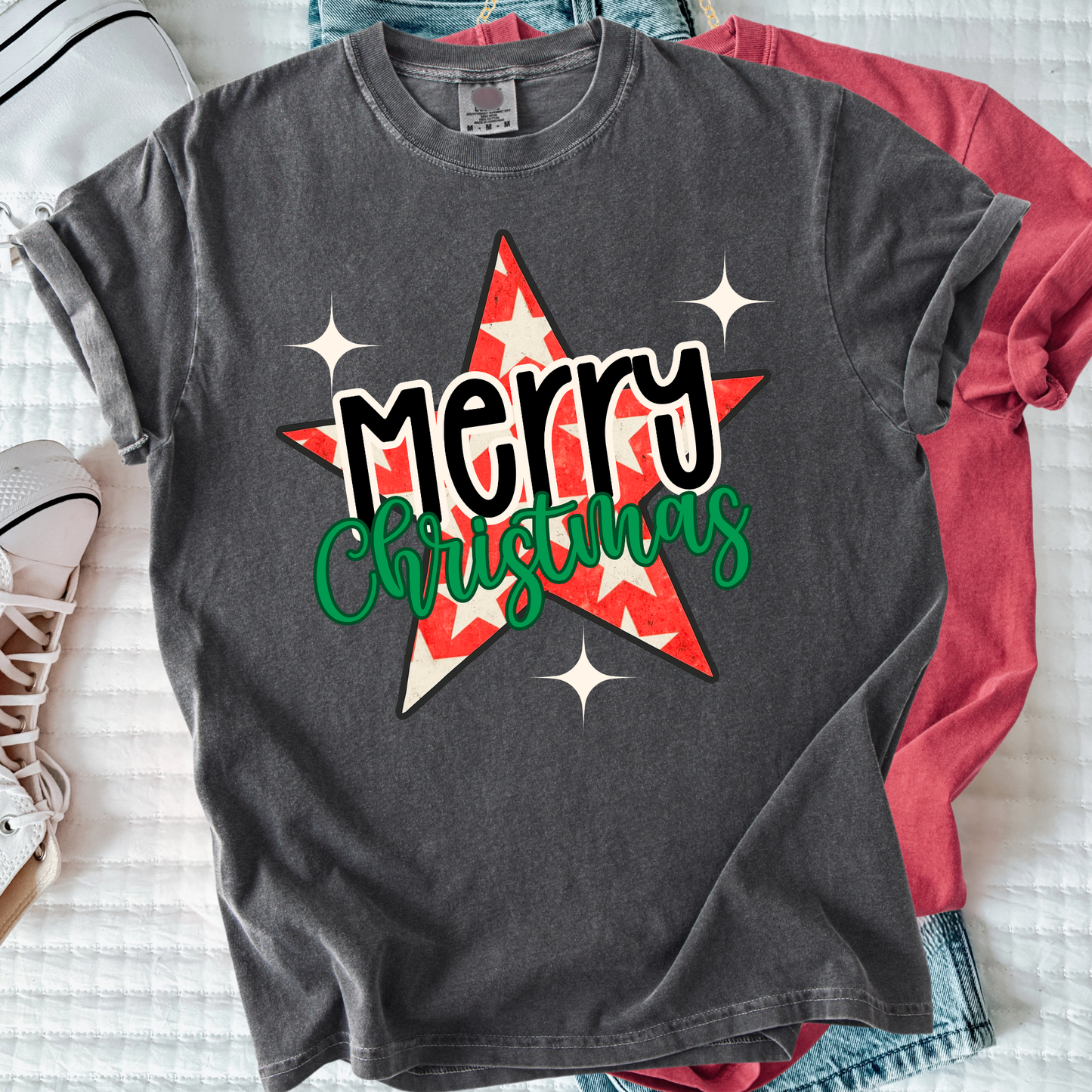 Merry Christmas Star Shirt | Retro Christmas Graphic Tee | Cute Holiday Shirt for Women’s T-Shirt