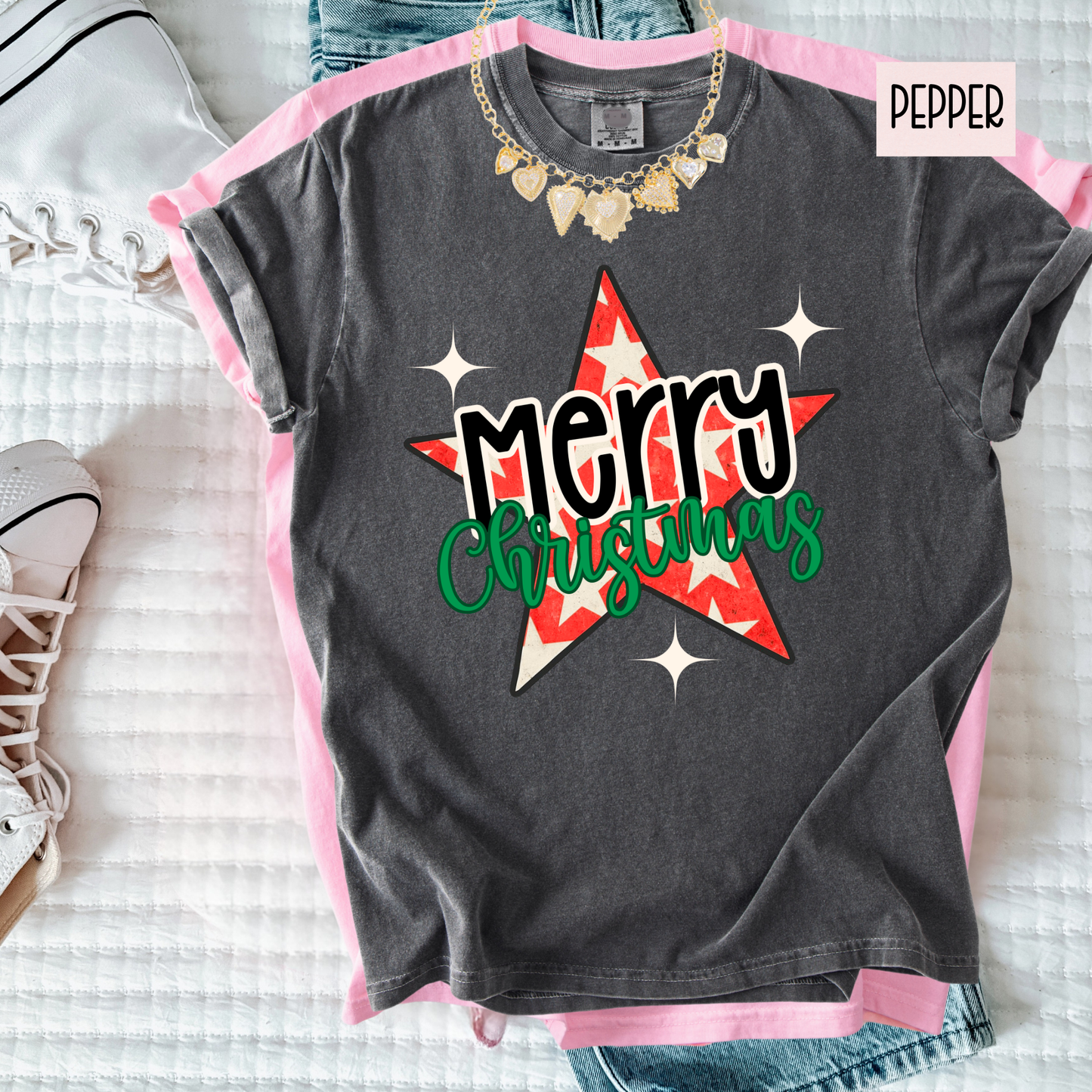 Merry Christmas Star Shirt | Retro Christmas Graphic Tee | Cute Holiday Shirt for Women’s T-Shirt