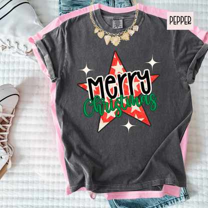 Merry Christmas Star Shirt | Retro Christmas Graphic Tee | Cute Holiday Shirt for Women’s T-Shirt