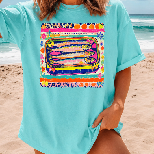 Sardine Art Graphic Tee | Colorful Coastal Shirt for Women | Beach Vacation T-Shirt