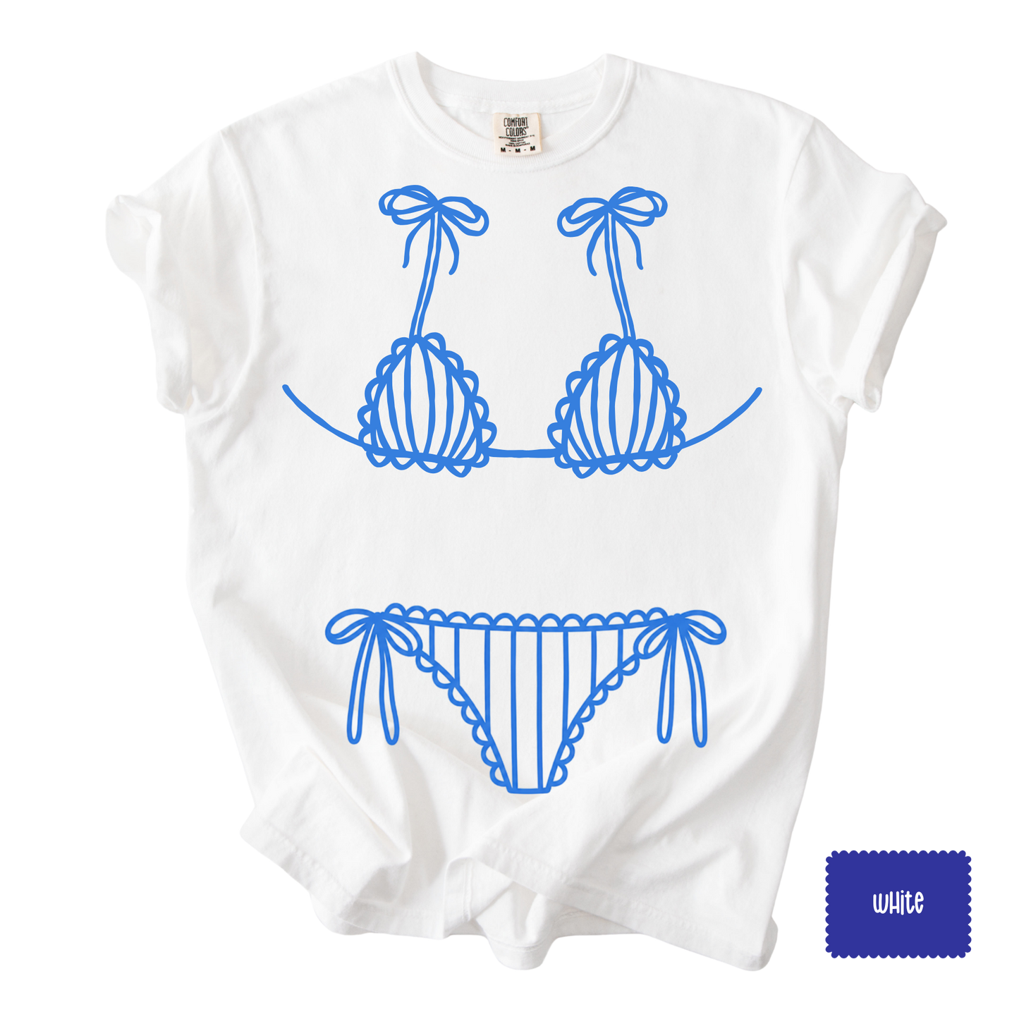 Blue Bikini Line Art Tee | Beach Graphic Shirt for Women | Coastal Summer T-Shirt