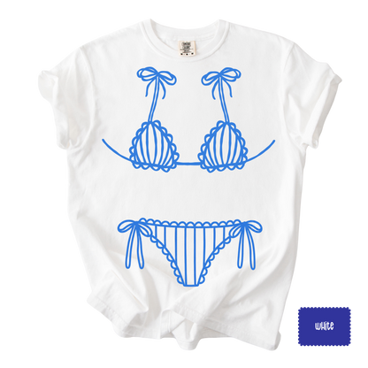 Blue Bikini Line Art Tee | Beach Graphic Shirt for Women | Coastal Summer T-Shirt