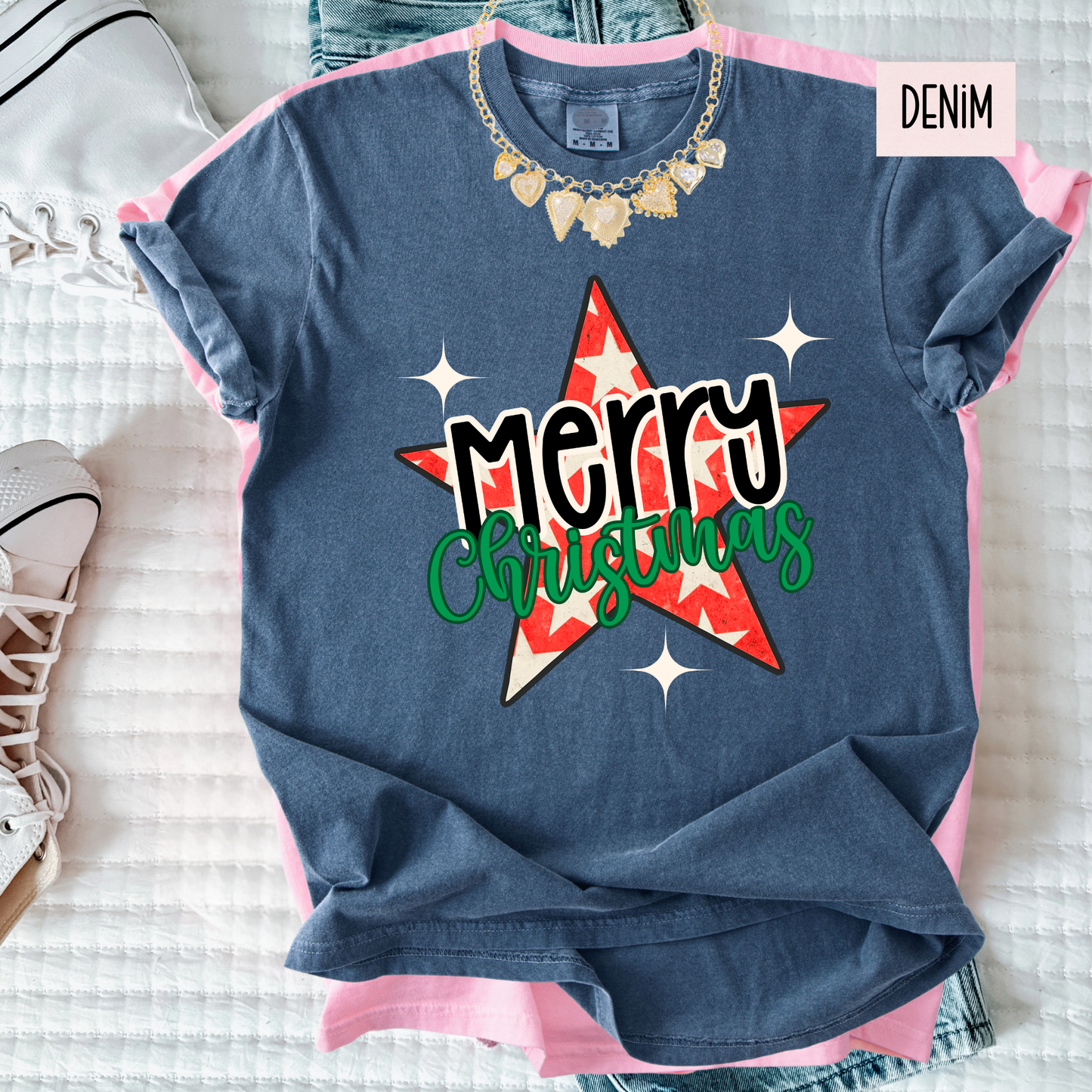 Merry Christmas Star Shirt | Retro Christmas Graphic Tee | Cute Holiday Shirt for Women’s T-Shirt