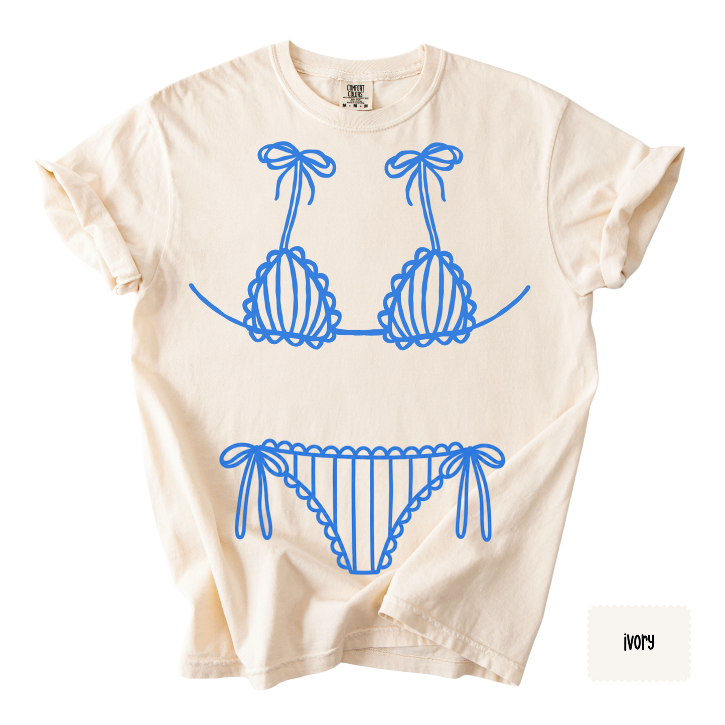 Blue Bikini Line Art Tee | Beach Graphic Shirt for Women | Coastal Summer T-Shirt