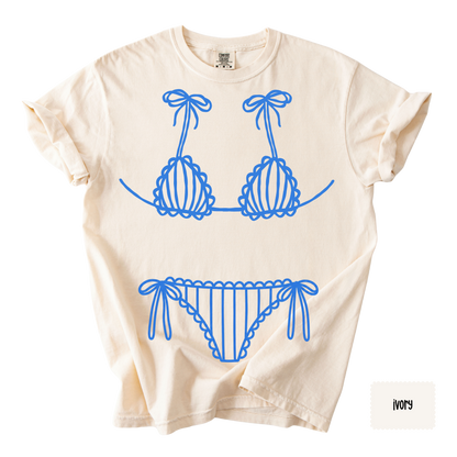 Blue Bikini Line Art Tee | Beach Graphic Shirt for Women | Coastal Summer T-Shirt