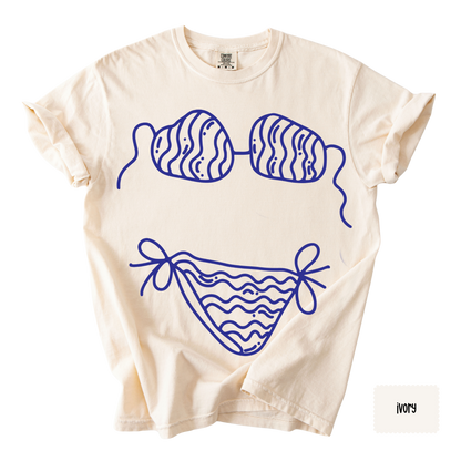 Bikini Outline Graphic Tee | Coastal Beach Shirt for Women | Summer Vacation T-Shirt