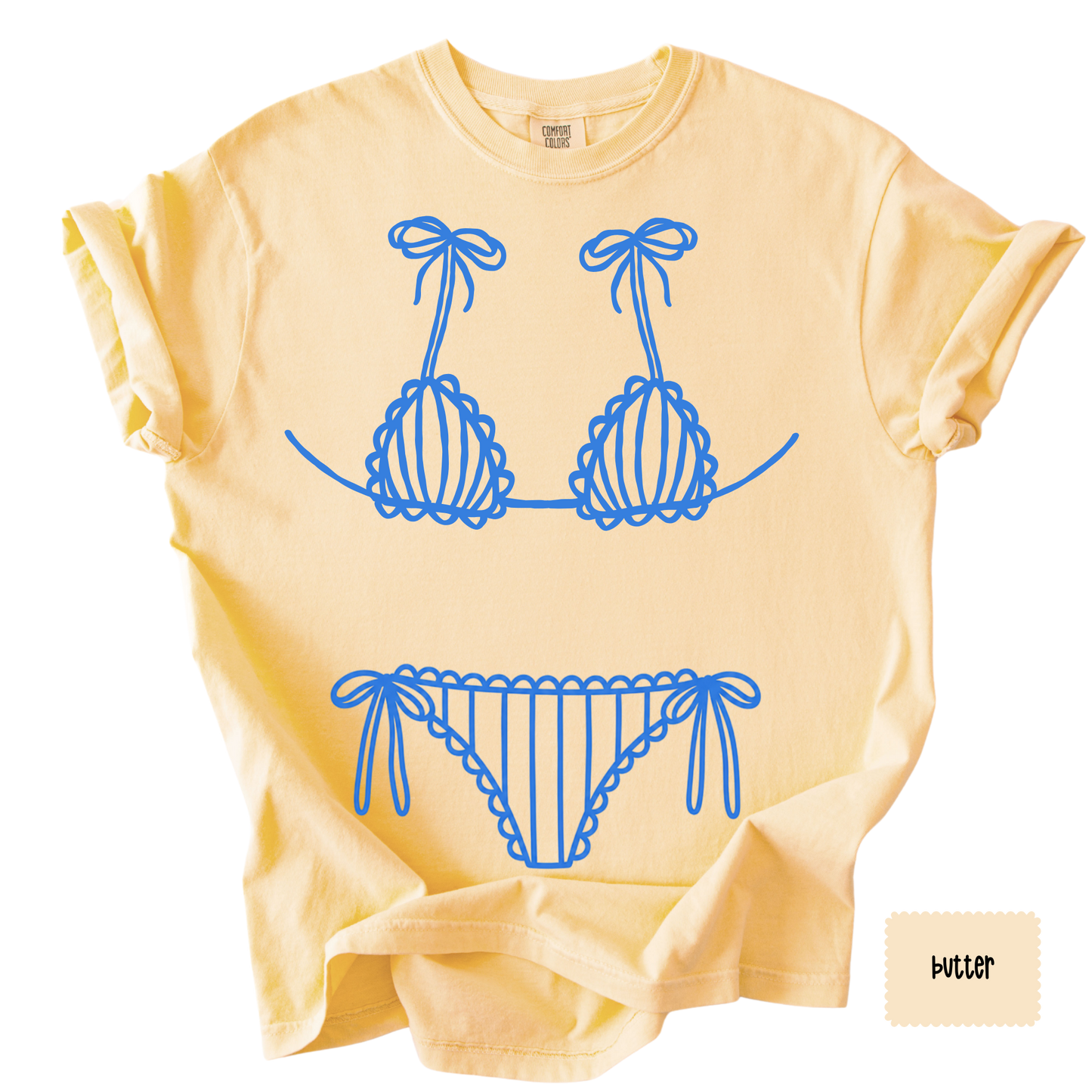 Blue Bikini Line Art Tee | Beach Graphic Shirt for Women | Coastal Summer T-Shirt