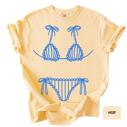Blue Bikini Line Art Tee | Beach Graphic Shirt for Women | Coastal Summer T-Shirt