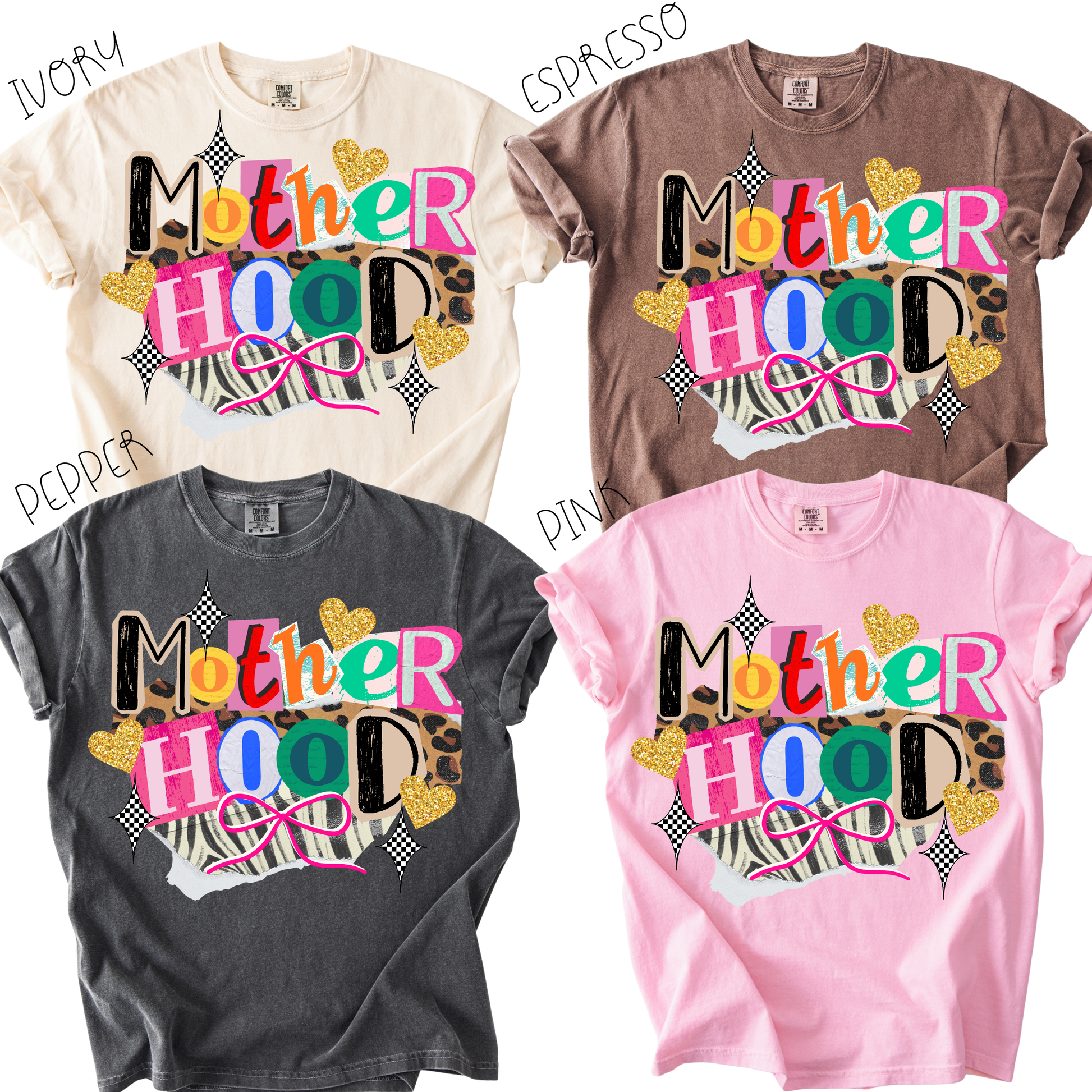 Four t-shirts with 'Mother Hood' design in different colors: Ivory, Espresso, Pepper, and Pink.