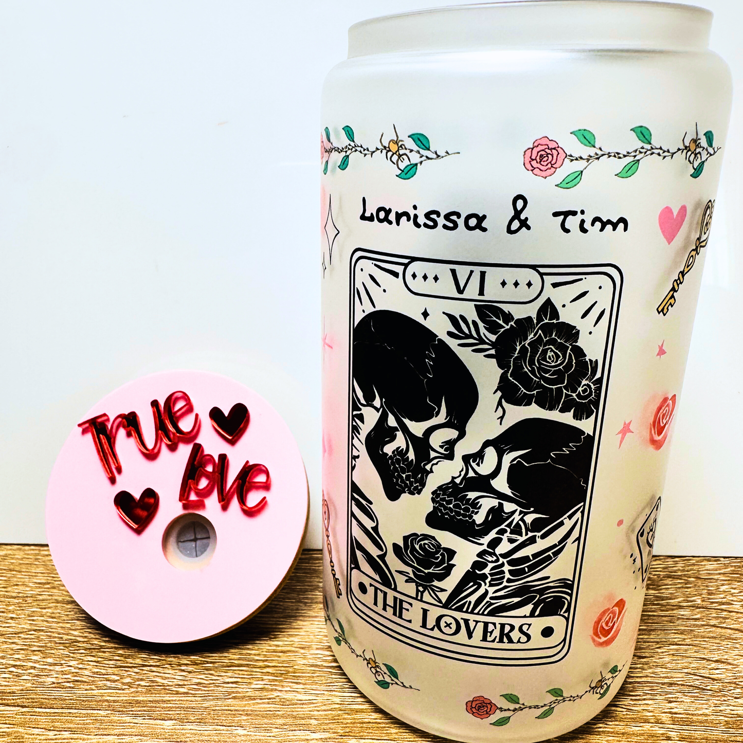 Personalized “The Lovers” Tarot Glass Can | Custom Couple Name Cup | Romantic Gothic Gift | 16oz Frosted Glass