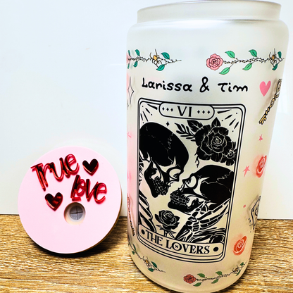 Personalized “The Lovers” Tarot Glass Can | Custom Couple Name Cup | Romantic Gothic Gift | 16oz Frosted Glass
