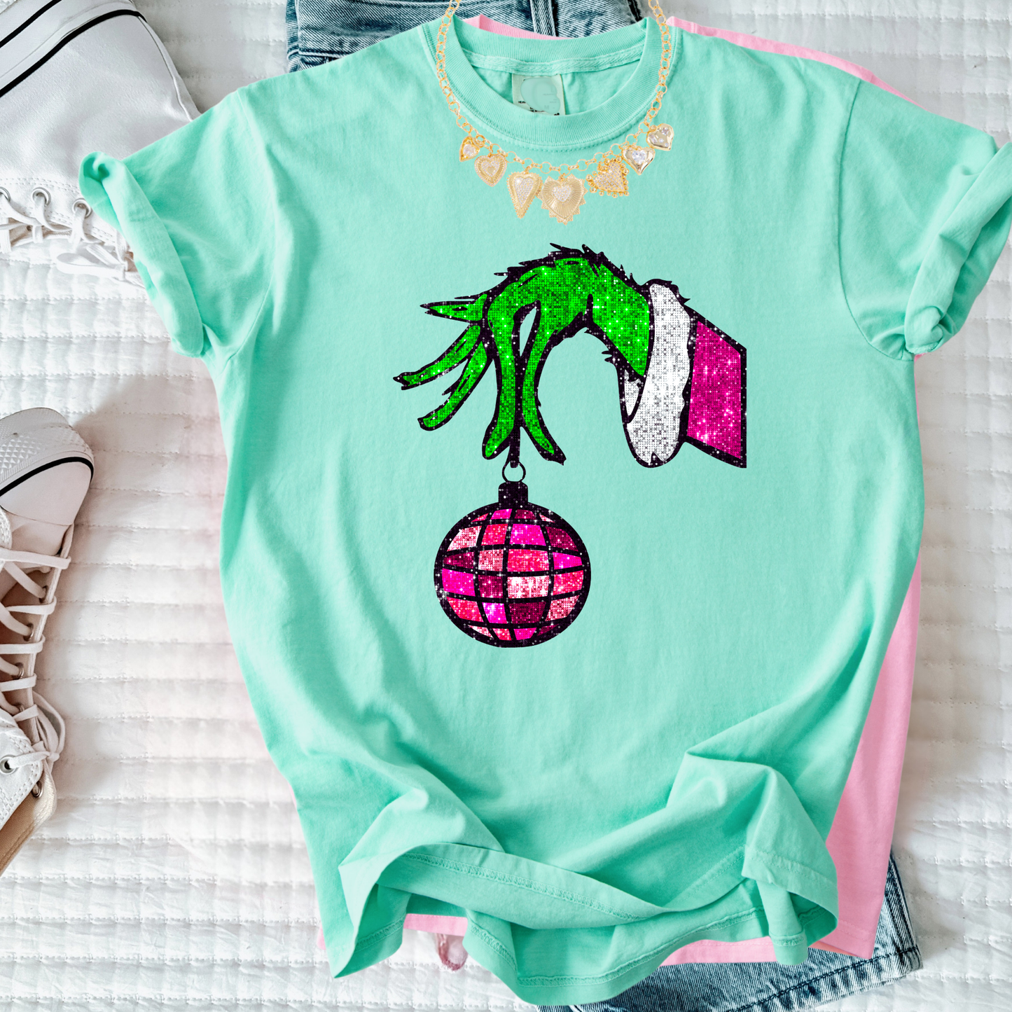 Christmas Hand & Disco Ornament Tee | Faux Glitter Holiday Shirt | Women’s Comfort Colors Tee