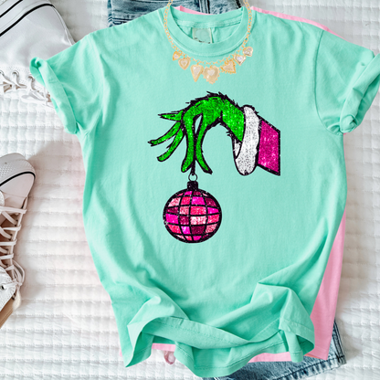 Christmas Hand & Disco Ornament Tee | Faux Glitter Holiday Shirt | Women’s Comfort Colors Tee