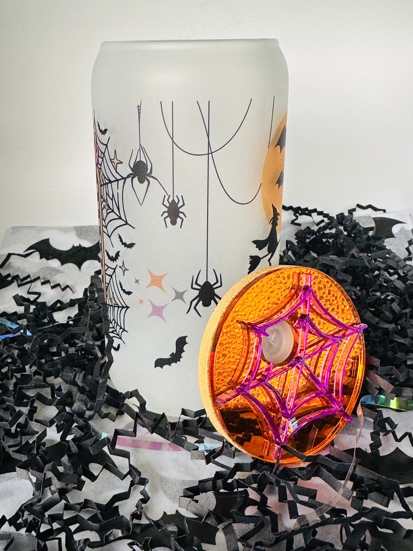 Personalized Glass Cup Spooky Season On Off with Spider Topper