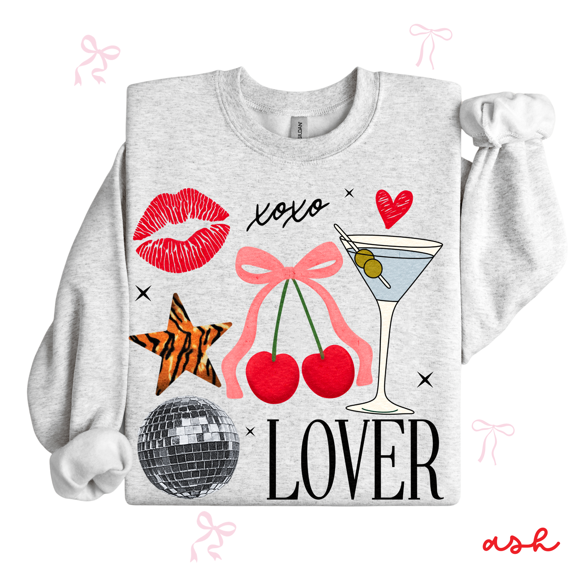 Gray sweatshirt with colorful graphics and text on a white background