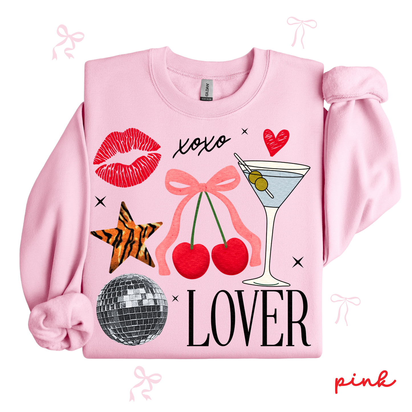 Pink sweatshirt with graphic designs on a white background