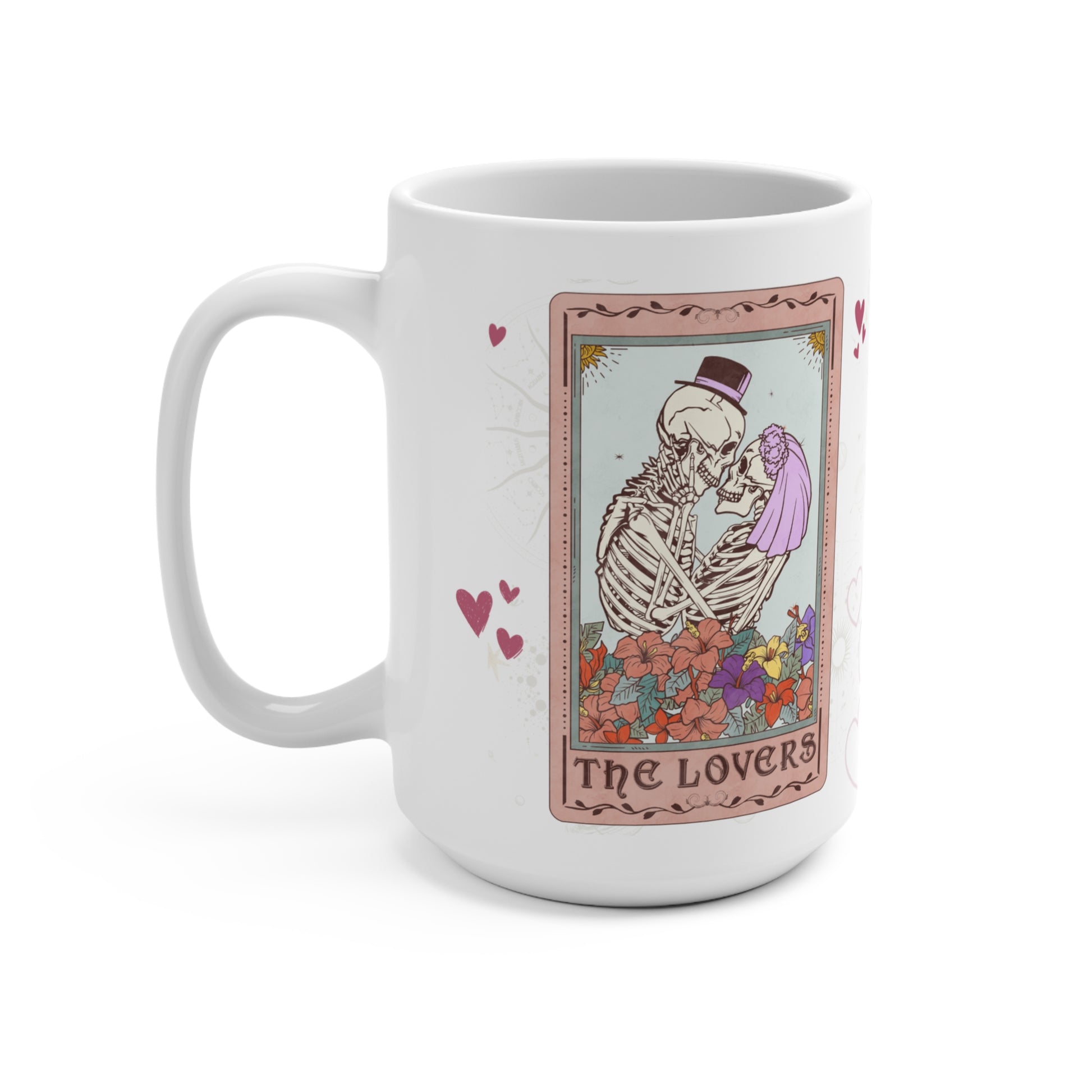 White mug with 'The Lovers' tarot card design featuring skeletons and flowers on a white background.