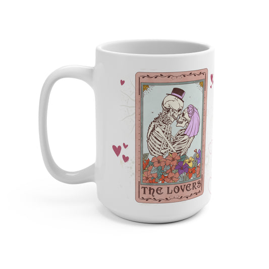 White mug with 'The Lovers' tarot card design featuring skeletons and flowers on a white background.