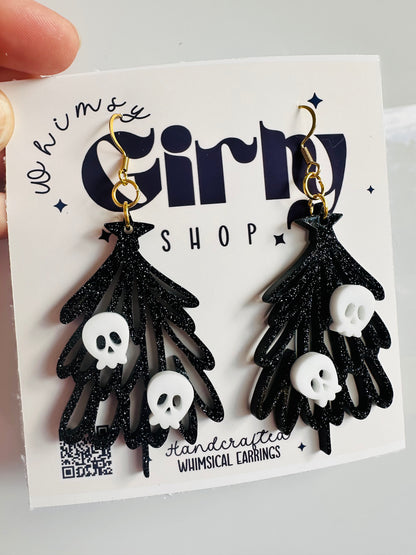 Spooky Christmas Tree Skull Earrings | Black Glitter Acrylic Dangle Earrings | Holiday Goth Jewelry Women