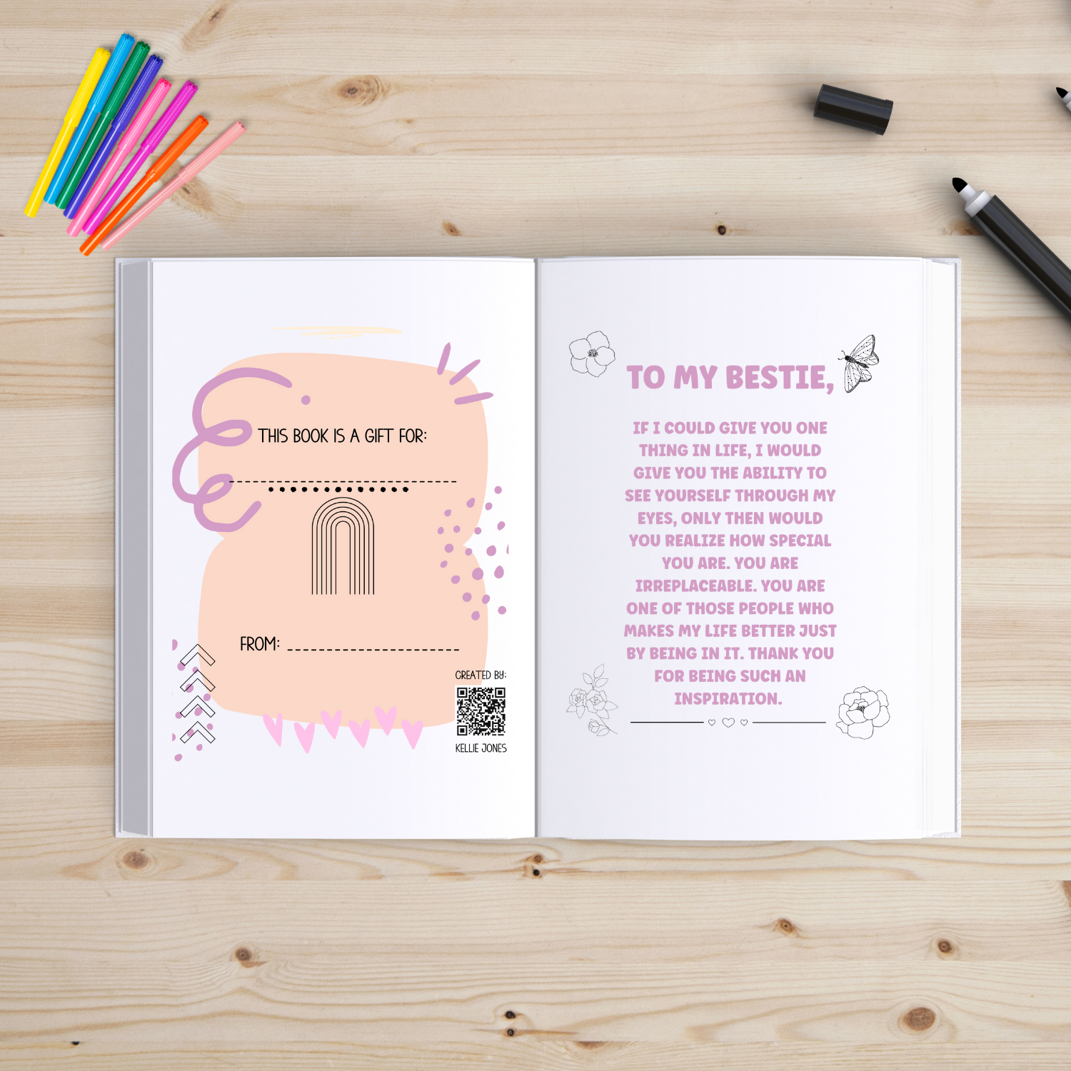 Open book with a message to 'My Bestie' on a wooden surface with stationery items.